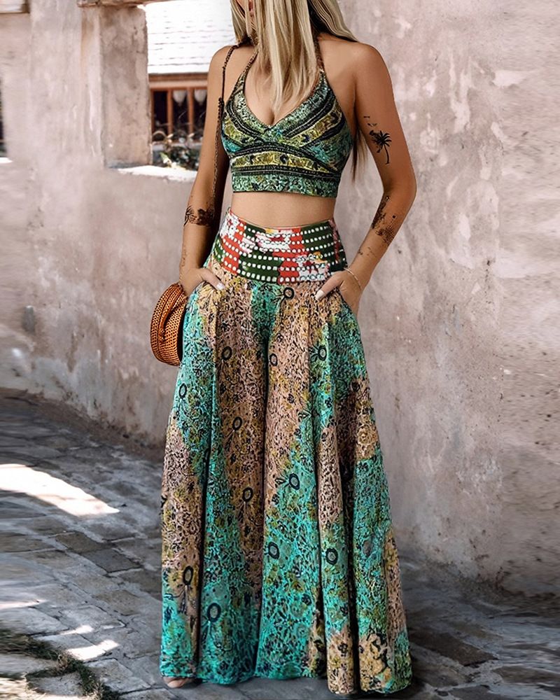 Pantaloni a zampa a linea A, a gamba larga, con vita a contrasto, modello retrò, con bretelle corte e cuciture a contrasto._voghion.com