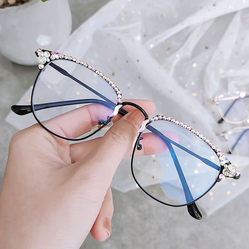 Diamond Studded Anti Blue Light Glasses, Women's Metal Full Frame Glasses Frame, New Computer Eye Protection Flat Lens_voghion.com