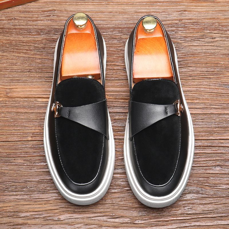 Retro men's loafers metal horse buckle a slip-on white platform casual bean shoes for men_voghion.com