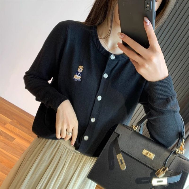 Women's Clothing Bear embroidery round neck long sleeve sweater cardigan jacket women's autumn loose college style knitted sweater outer wear_voghion.com