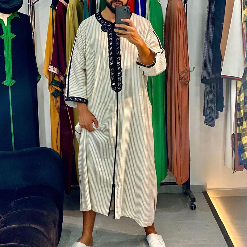 Nouvelle robe musulmane brodée à rayures et manches courtes pour homme arabe_voghion.com