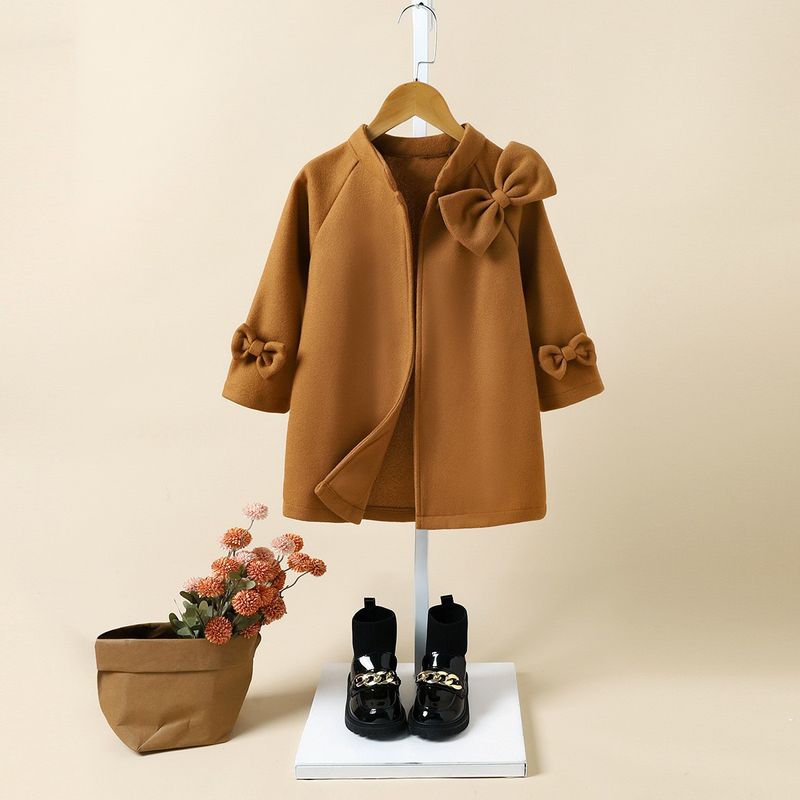 Roupas infantis outono inverno feminino crianças gola casaco de lã moda jaqueta arco casaco_voghion.com