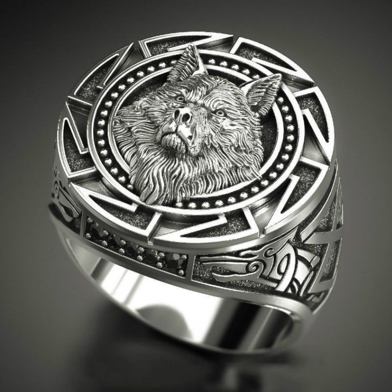 Fäerdeg Stock Vintage Totem Nordesch Mythologie Wikinger Krieger Wolfskopf Dominéierend Moud Männerring Grousshandel_voghion.com