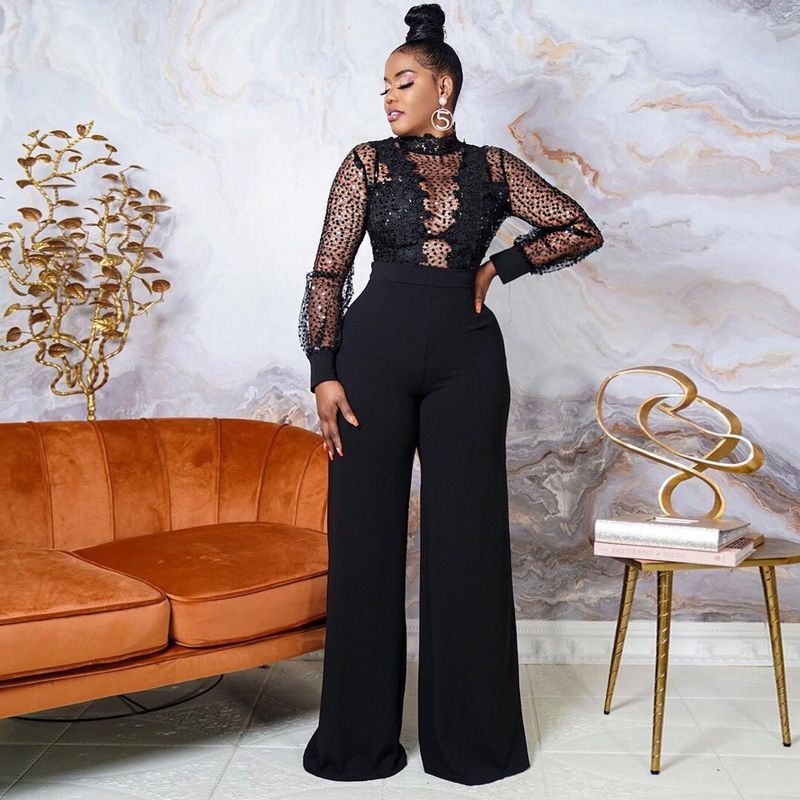 Women's clothing wish party style high-neck sequined lace see-through long-sleeved top loose jumpsuit for women_voghion.com