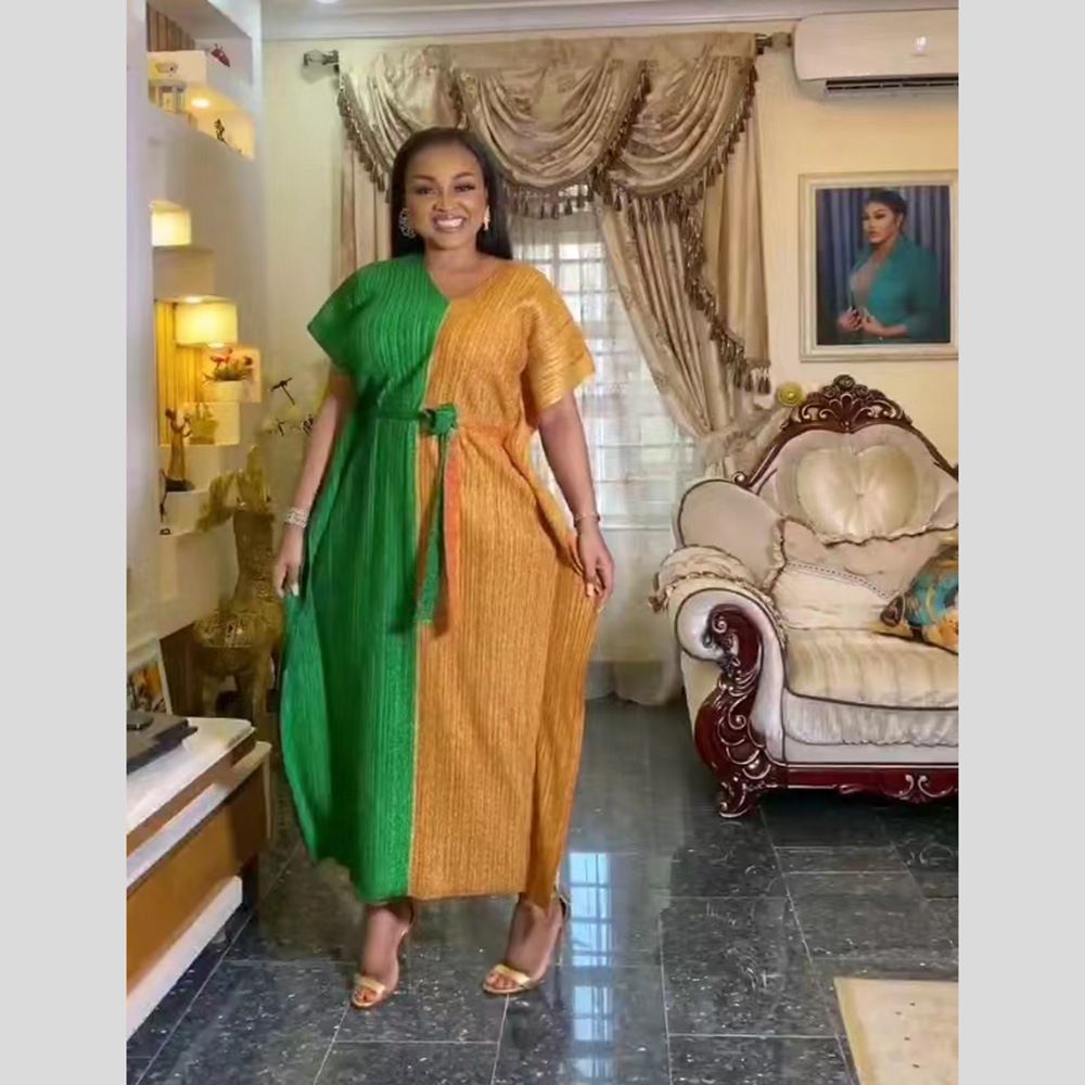 Damenbekleidung Zweifarbiger elastischer langer Rock Heißprägen mit Gürtelkleid_voghion.com