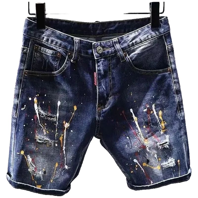 Ropa para hombre, moda urbana, pantalones cortos vaqueros rotos con parches, grafiti pintado, cinco puntos, personalidad moderna, pantalones cortos juveniles_voghion.com