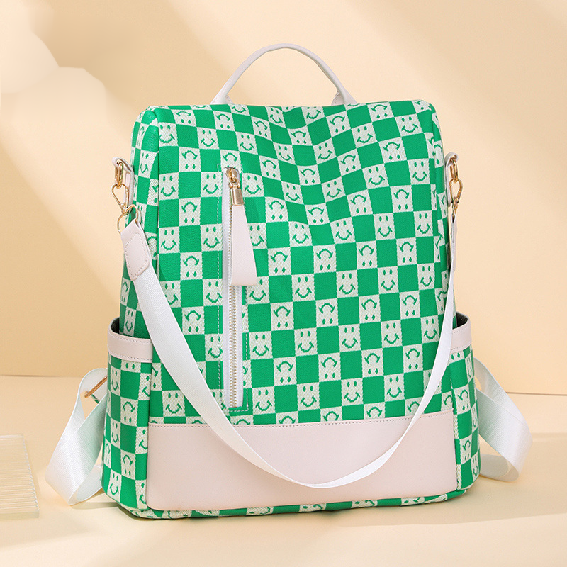 European And American Fashion Retro Large Capacity Smiling Face Plaid Contrasting Color Backpack Niche Design Women's Backpack_voghion.com