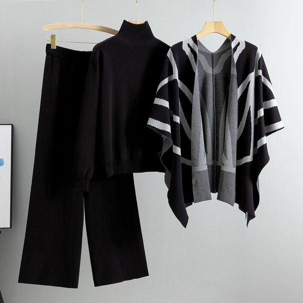 Damenbekleidung, elegante Dame, lässiger Stil, Strickpullover, Schal, Umhang, Hose mit weitem Bein, dreiteiliger Anzug_voghion.com
