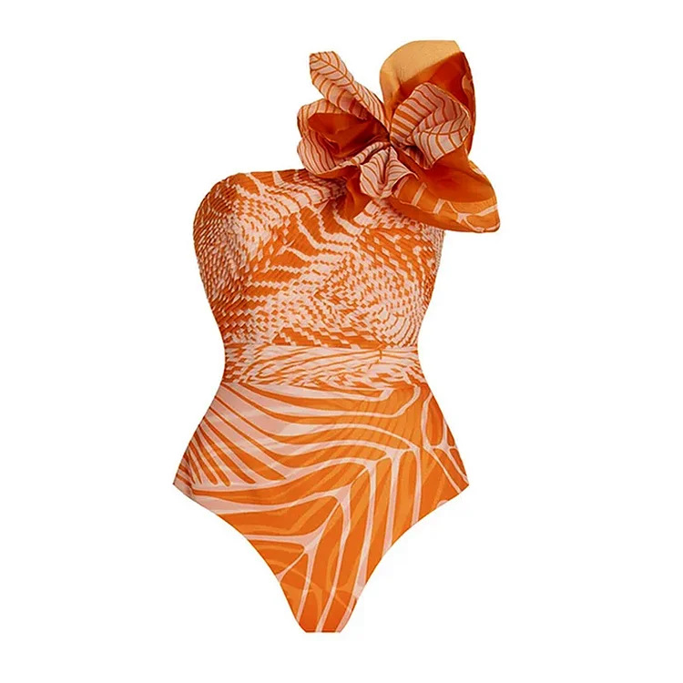 Costume intero bikini da donna monospalla con stampa floreale color salmone_voghion.com