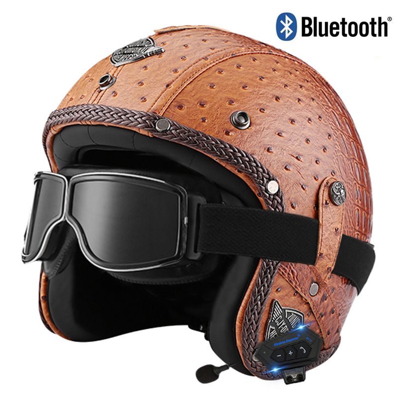 Vintage Leather Motorcycle Helmet With Bluetooth & Retro Goggles – 3/4 Open Face Design, Handcrafted ABS Shell, Unisex Adult Sizes (S-2XL)_voghion.com