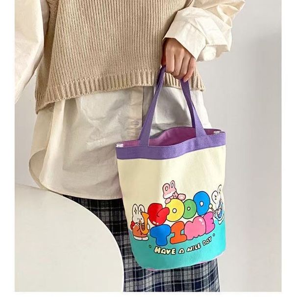 Cute Puppy Cylinder Handheld Canvas New Korean Style Girly Lunch Large Capacity Cartoon Bucket Bag_voghion.com
