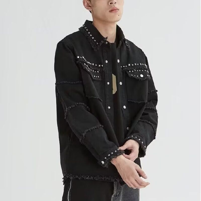 Giacca in denim con bordo grezzo, stile trendy, stile punk metal, da uomo, di nicchia, per strada e ufficio_voghion.com