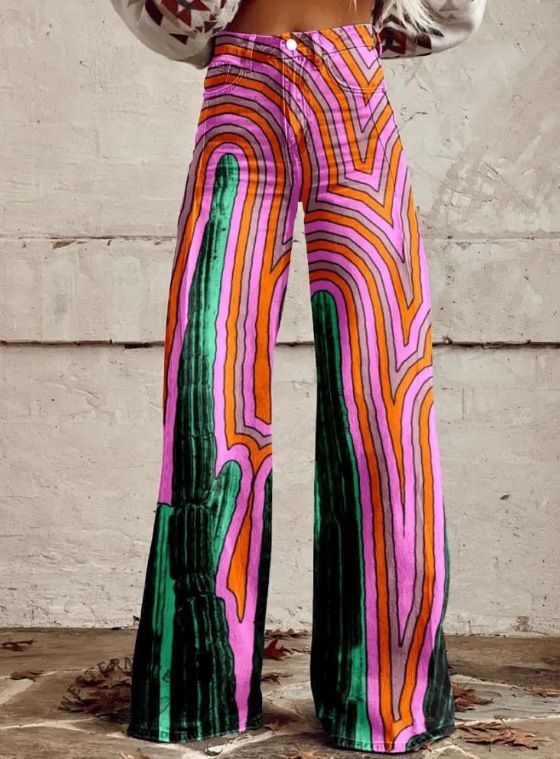 Pantalon évasé à jambe large pour femme, imprimé effet denim, motif étoiles 3D - Polyester extensible, coupe confortable_voghion.com