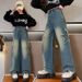 Meisjes denim wijde pijpen en herfst w, 2024 nieuwe outfit, medium tot grote lange broek, lente kinderbroeken voor casual_voghion.com