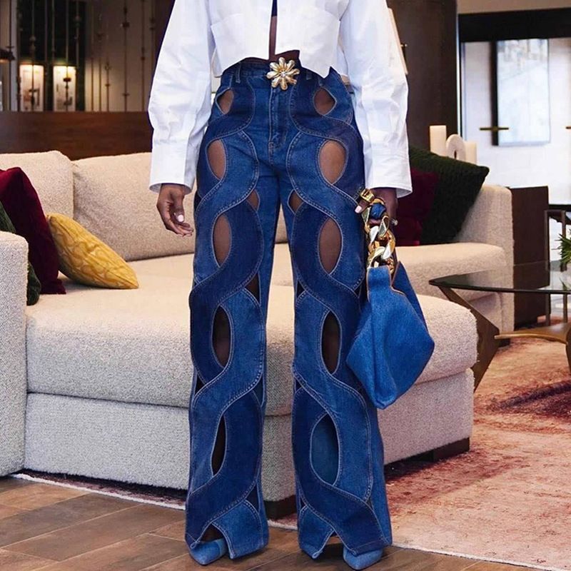 Vêtements pour femmes d'été style décontracté tube droit slim torsadé bouton en métal creux jean_voghion.com
