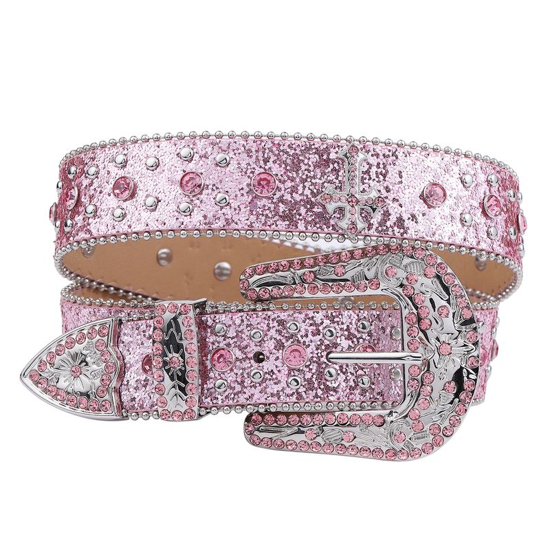 HOT Pink cross-rivet Rhinestone sparkles, punk rock inlaid leather belt for men's jeans_voghion.com