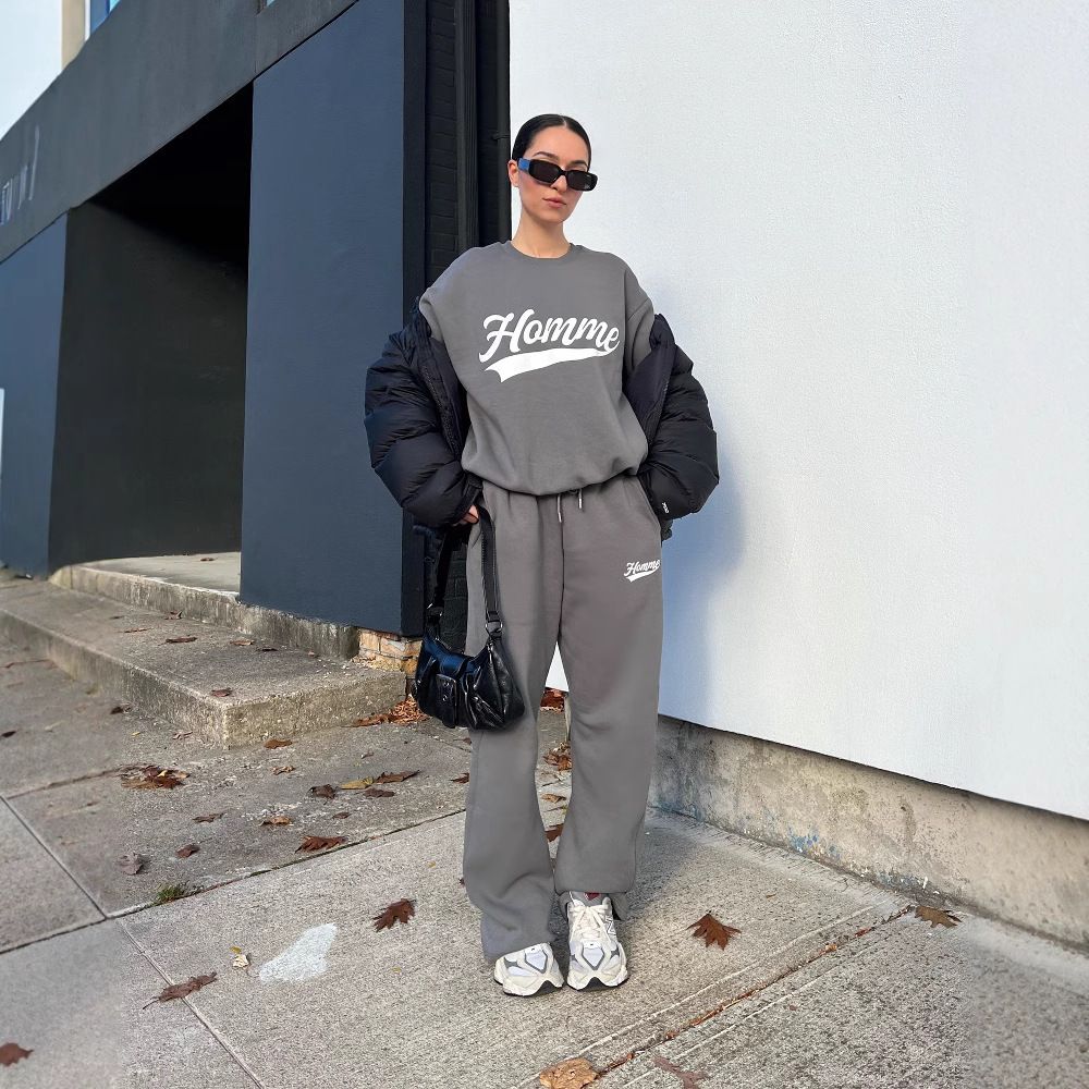 Completo tuta sportiva in stile vintage con stampa di lettere - Felpa con cappuccio in cotone e pantaloni jogger comodi per uomo e donna_voghion.com