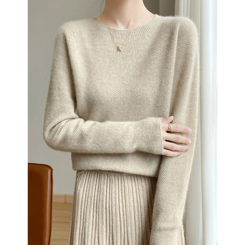 Rundhalsausschnitt, Ananasmuster, einfarbiger Strickpullover für Damen im Basic-Stil, temperamentvoll, weicher, wachsartiger Pullover_voghion.com