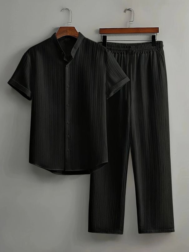 Ανδρικά Ρούχα Ανδρικό Casual Πολύχρωμο Κοστούμι Παραλίας με Ζάρες από Μπαμπού, Κοντό Μανίκι, Δύο Τεμαχίων_voghion.com