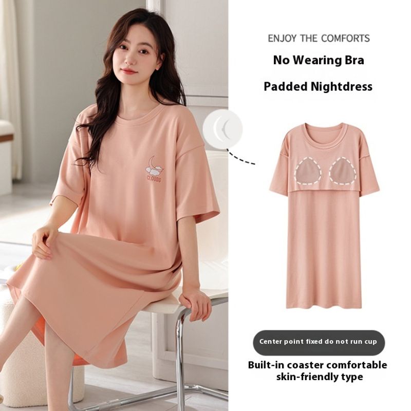 2023 Short sleeved Pajama Women's Summer Thin Cotton with Chest Cushion Home Clothes Anti protrusion Point Outable Set_voghion.com