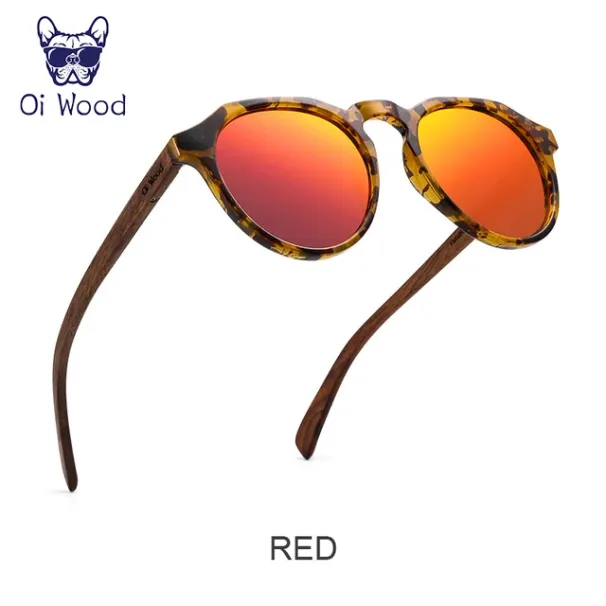 Fashion Oi Sonnenbrille Damen Herren Sonnenbrille Walnussholz Runde Brille Rote Linse Schildpattrahmen_voghion.com