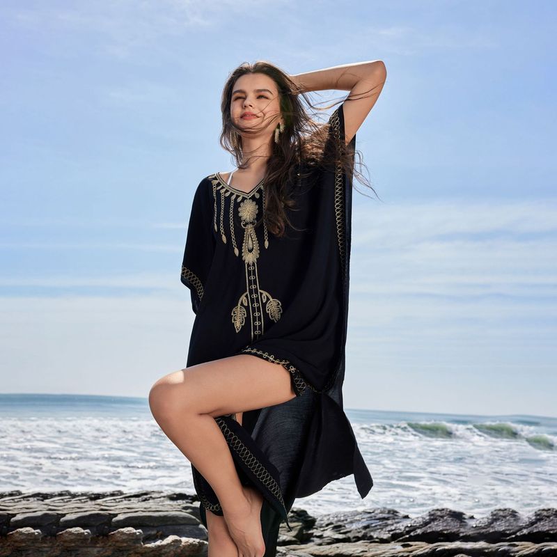 Women's Floral Collar Beach Kaftan - Pullover Bikini Cover-Up With Sun Protection, Summer Swimwear​_voghion.com