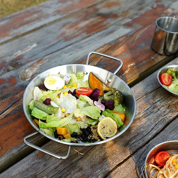 Padella da campeggio in acciaio inossidabile - Padella a fondo piatto con doppio manico per barbecue e cottura su fornello (pentolame multiuso per esterni)_voghion.com