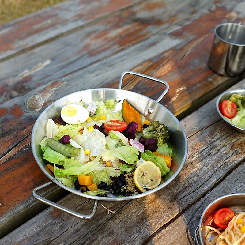 Camping Stainless Steel Skillet - Dual Handle Flat Bottom Pan For BBQ Hot Pot & Stovetop Cooking (Multi-Purpose Outdoor Cookware)​_voghion.com