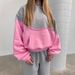 Damen-Set aus Color-Block-Hoodie und Jogginghose – trendiges zweiteiliges Outfit aus Polyester für Streetwear und lässigen Komfort (S–XL, Pink-Grau-Kontrast)_voghion.com