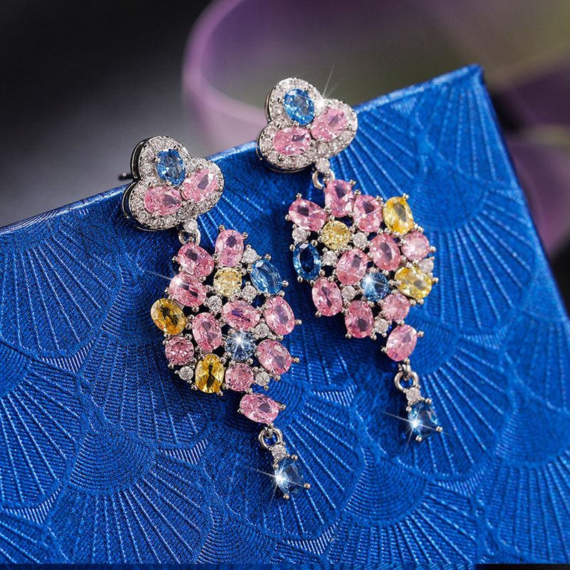 Cao Shi's Temperament Colorful Zircon Flower Earrings Exquisite Three Dimensional Camellia Flower Earrings New Product_voghion.com