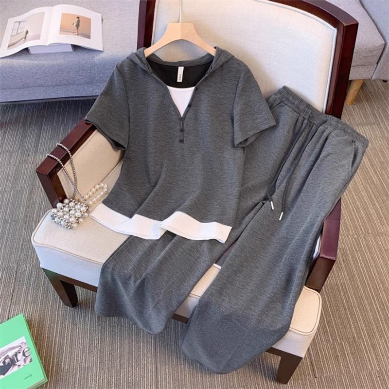 Pantaloni da donna a gamba larga con cappuccio in colore a contrasto per le donne in estate, mm grassi, temperamento casual e due pezzi dimagranti_voghion.com