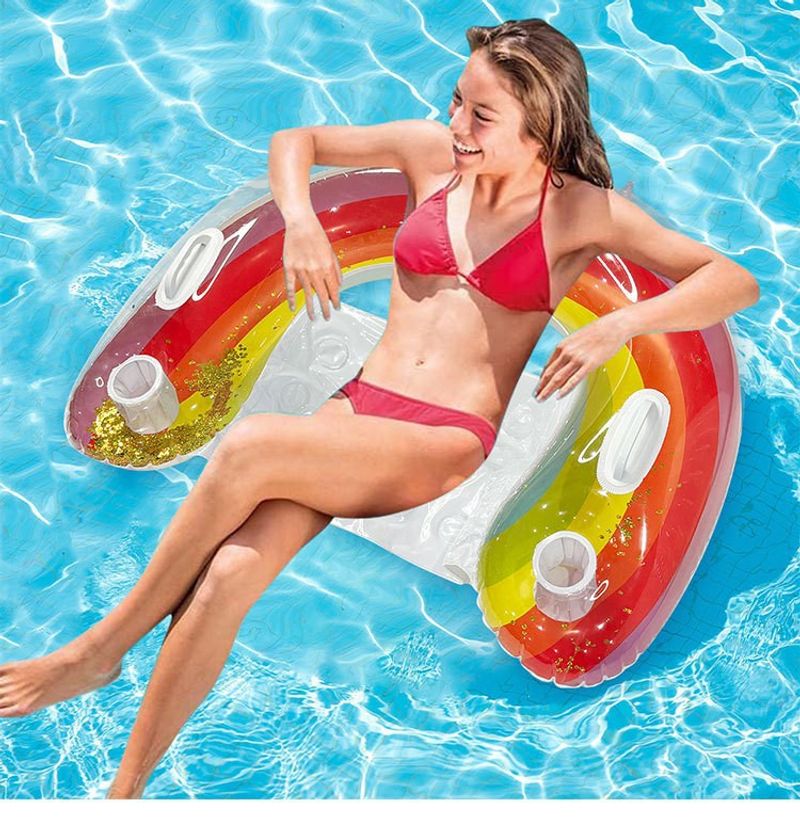 Ink Painting Double Swim Ring - Thickened PVC Floating Seat For Couples (Rainbow Glitter Design Non-Slip Surface Includes Air Pump & Repair Kit)​_voghion.com