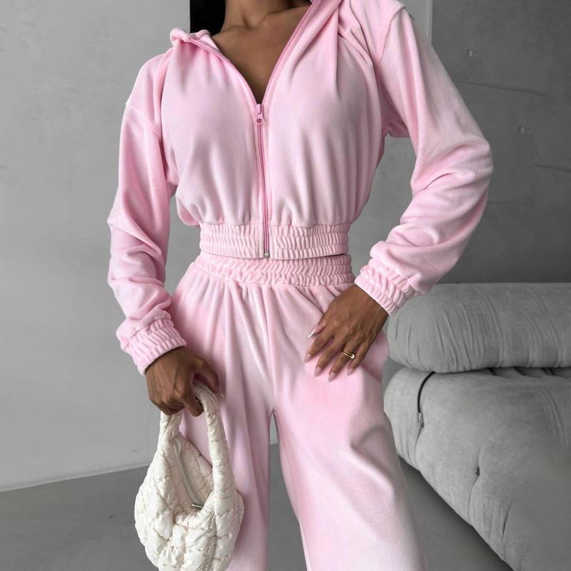 "Elegant Velvet Women's Casual Tracksuit Set - Soft Lounge & Streetwear Outfit For Gym, Yoga & Daily Wear (Pink, Black, Sky Blue, S/M/L)"​​_voghion.com