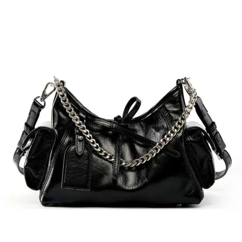 Borsa a mano con catena e manico superiore in morbida pelle, elegante, da donna, modello 2025, nera, beige, a tracolla, da ascella_voghion.com