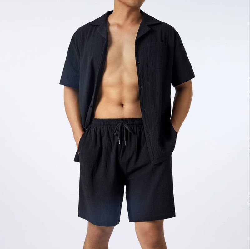 Herren Sport Kurzarm Shorts Anzug Baumwolle und Leinen Lockerer lässiger Herren Hemd Anzug_voghion.com