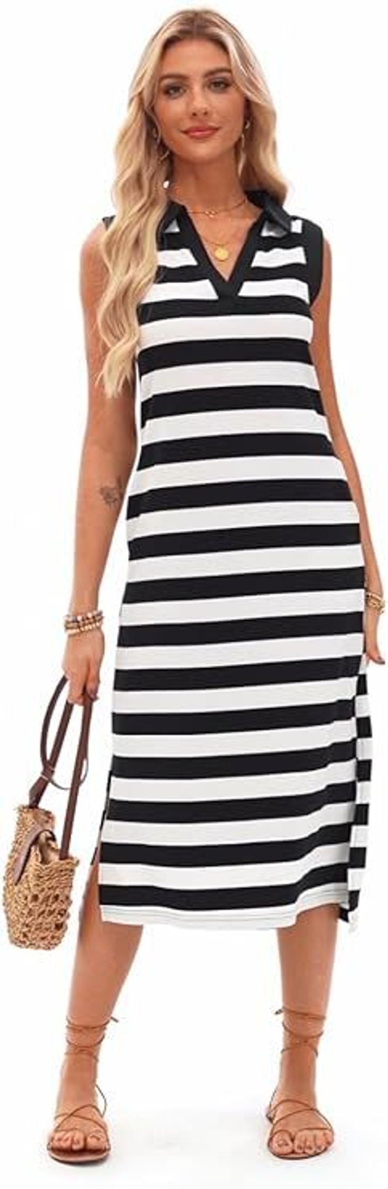 Women's Summer Maxi Dress 2025 Sleeveless V Neck Casual Loose Striped Sundress With Pockets Black XL_voghion.com