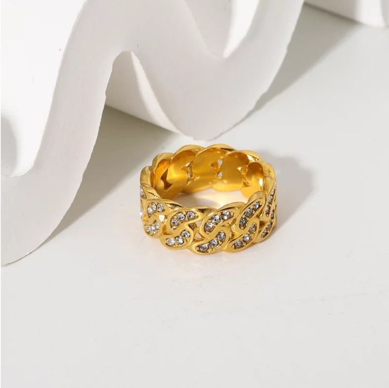 Anello in acciaio al titanio con zircone a catena cubana placcata oro INS Wind_voghion.com