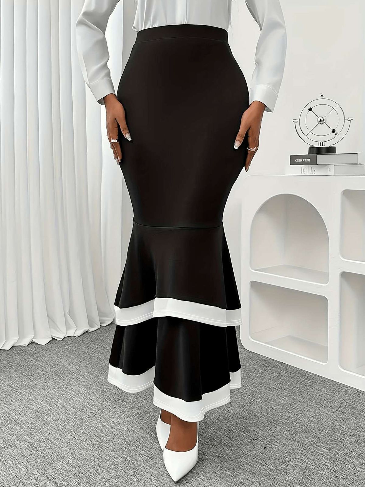 Gonna a strati a vita alta da donna - Elegante gonna a trapezio con orlo stretto per taglie forti - Nera_voghion.com