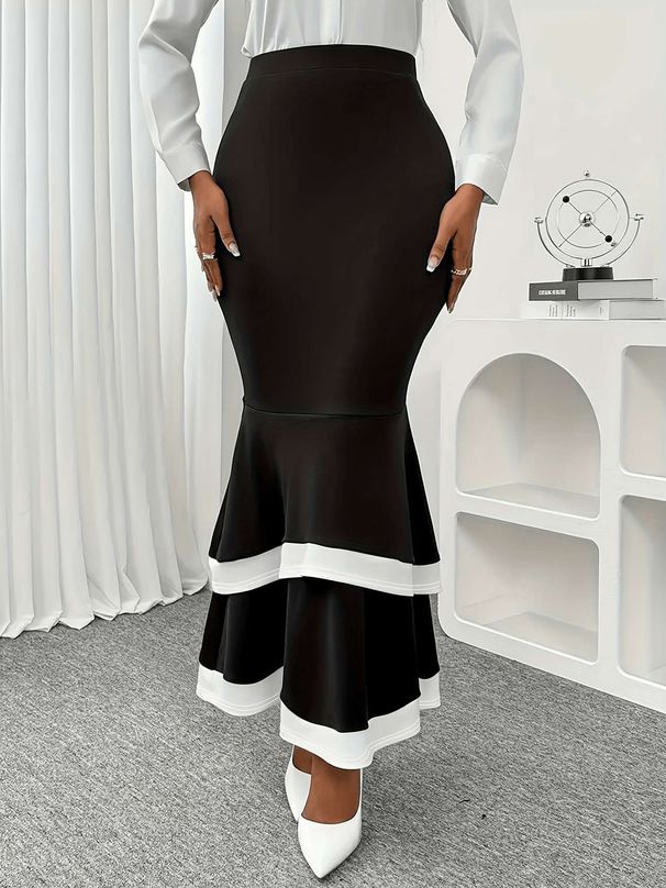 Gonna a strati a vita alta da donna - Elegante gonna a trapezio con orlo stretto per taglie forti - Nera_voghion.com