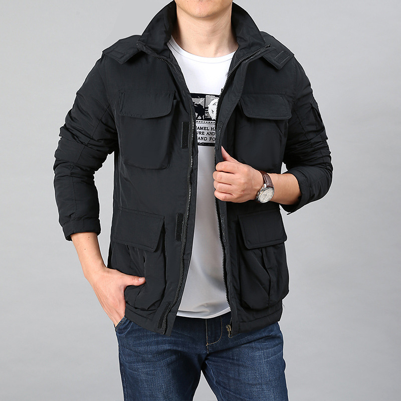 Cappotto da uomo di grandi dimensioni ad asciugatura rapida con cappello e maniche lunghe, giacca trapuntata multitasche per anziani impermeabile con velluto_voghion.com