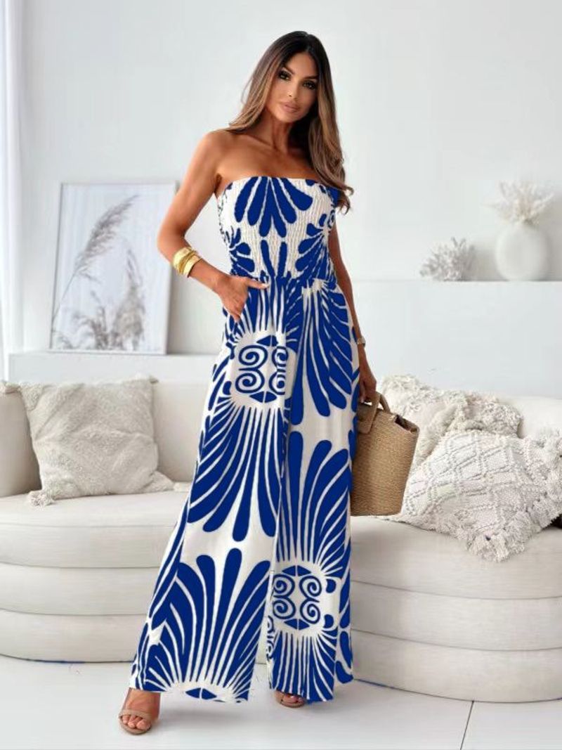 Dameskleding Mode Temperament Een Schouder Rugloze Taille Wijde Pijpen Jumpsuit_voghion.com