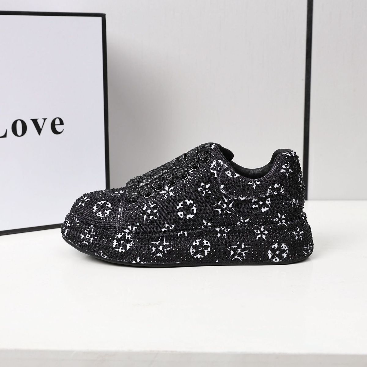 Women's Crystal Rhinestone Platform Sneakers - Breathable Round-Toe Casual Shoes With Floral Design For Spring/Summer/Fall_voghion.com
