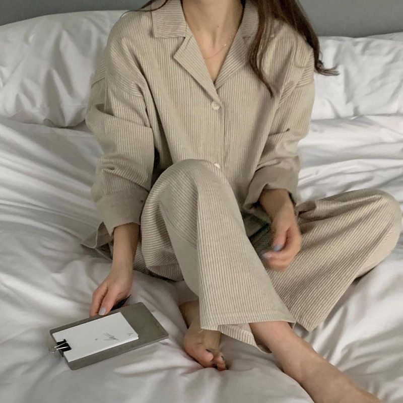 Pigiama a maniche lunghe a righe semplici in stile francese 2025 per ragazze, casual e ampio, set da salotto_voghion.com