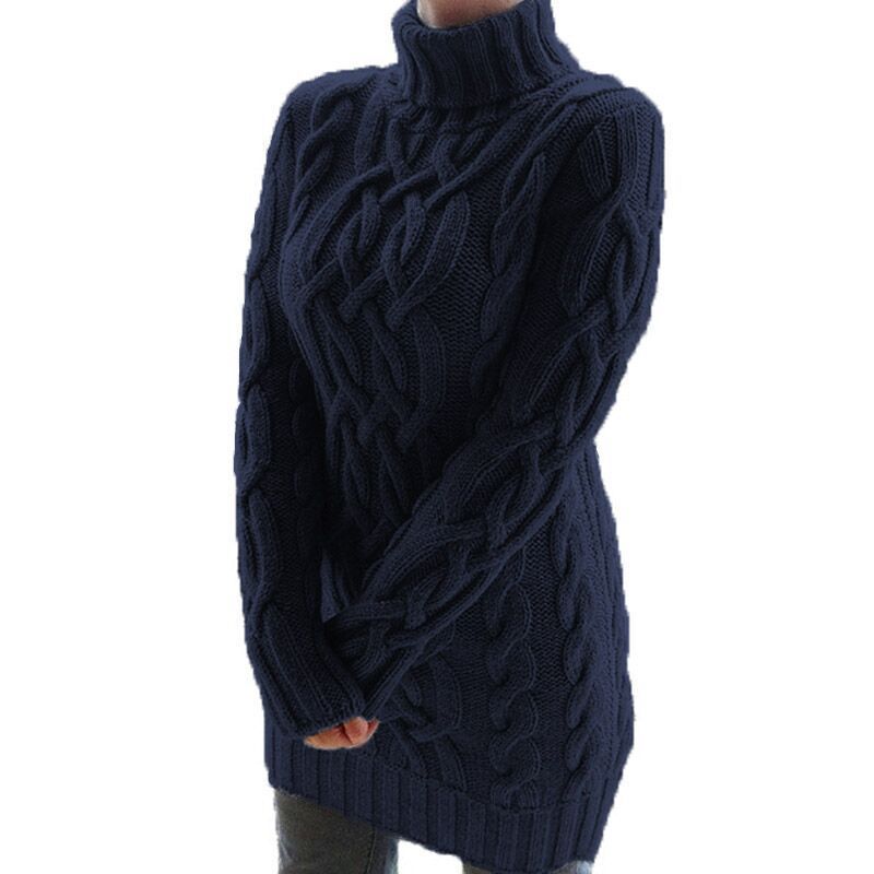 2024 autumn/winter sleeved slim knit dress solid color high neck thick coarse yarn long sweater_voghion.com