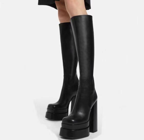 2022 New Double-Layer Platform Super High Chunky Heel Knee-High Riding Boots With Back Zipper_voghion.com