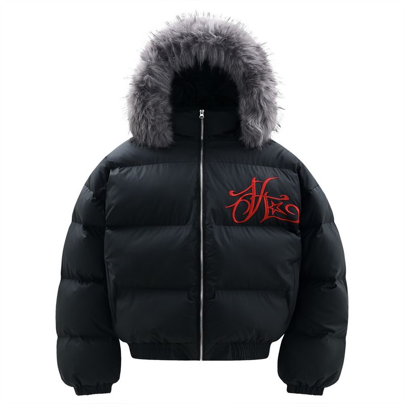 Gothic Letter Embroidered Fur Collar Hooded Cotton Jacket Men's Trendy Winter Thickened Hat Detachable Stand Up Collar Coat_voghion.com