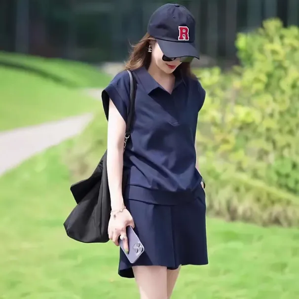 Ensemble de sport décontracté haut de gamme style européen pour femme, été, coupe ample, amincissante, short à manches courtes, deux pièces_voghion.com