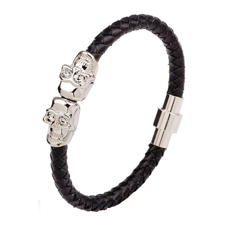 Fashion Cowhide Bracelet Men's Domineering Skull Braided Magnetic Snap Bracelet_voghion.com