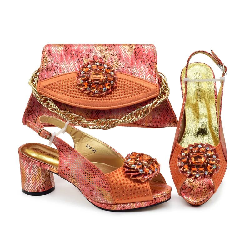 The party match high heeled diamond round toed fish mouth back slip buckle sandals with diamond handbag set is fashionable and versatile_voghion.com
