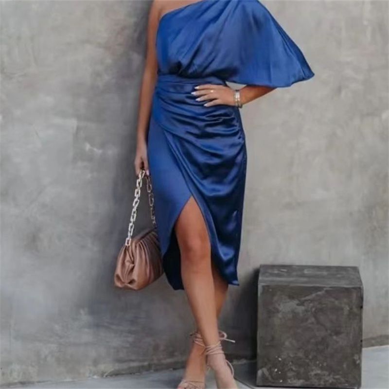 Women's Clothing elegant and high end party slit evening dress solid color irregular mid waist oblique shoulder dress_voghion.com